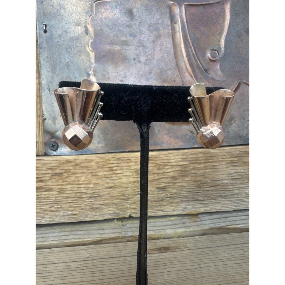 Mid Century Modern Copper Fan & Orb Clip On Stud Earrings